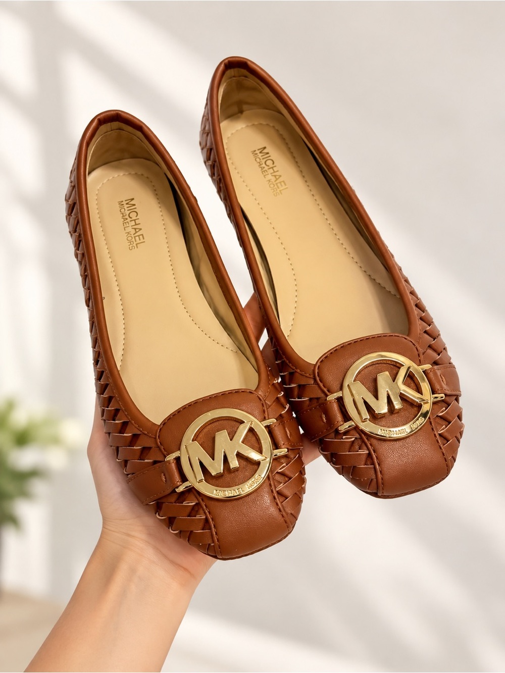 Michael Kors Brown Woven Leather Flats with Gold MK Logo size 6